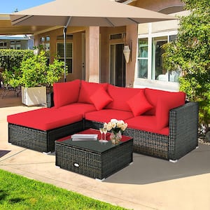 5-Piece Wicker Patio Conversation Set with Red Cushions