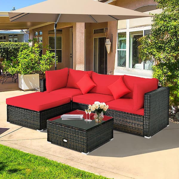 5-Piece Wicker Patio Conversation Set with Red Cushions