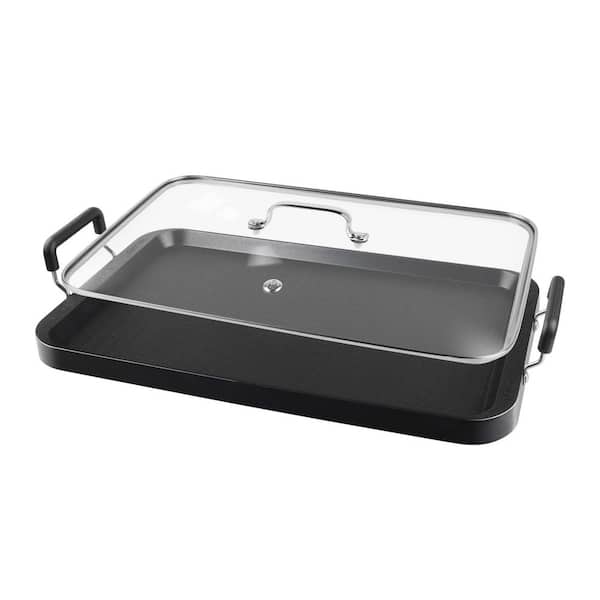2-Burner Nonstick Aluminum Griddle Pan with Glass Lid Non-Rust Coating for Gas and Electric Stovetops