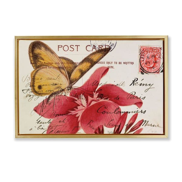 Stupell Industries Antique Postcard & Butterfly by Deborah Revell Gold Floater Frame Animal Graphic Art Print 21 in. x 31 in.