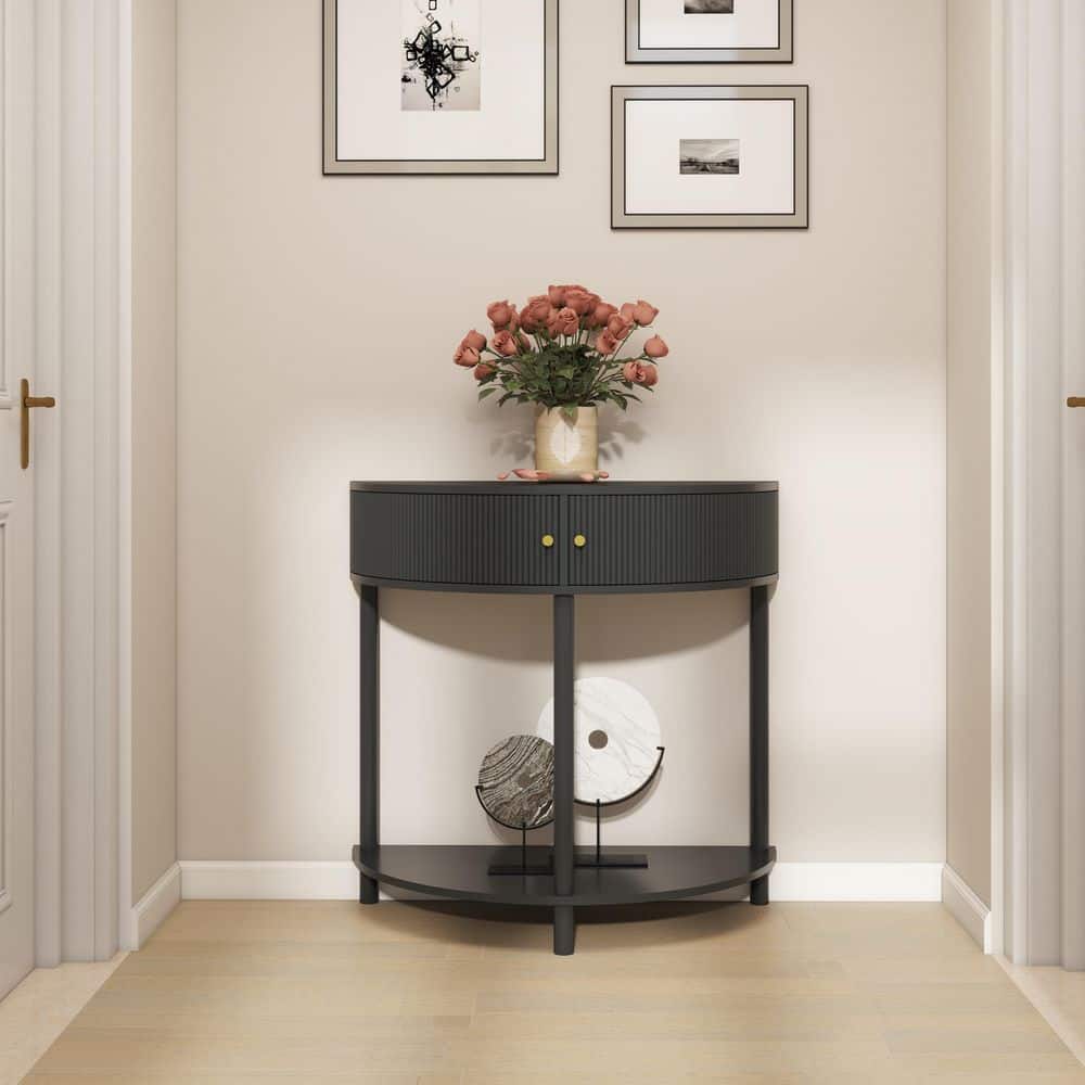 Noble House Rhett 31.5 in. Dark Gray Half Moon Wood Console Table, End Table with 2 Storage Drawers, Bottom Shelf, Woodgrain (Little damage; see the picture) (no test)