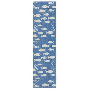 Courtyard Blue/Beige 2 ft. x 8 ft. Novelty Fish Indoor/Outdoor Patio  Runner Rug