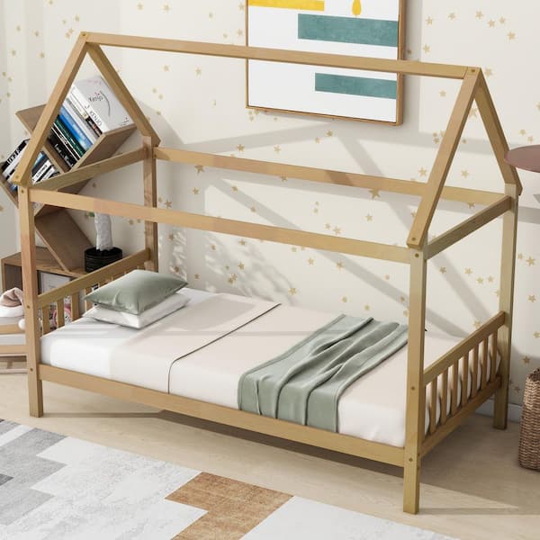 Lois White Oak Wood Frame Twin Size House Platform Bed Kids Bed with Roof Design and Headboard, Footboard, Guardrails