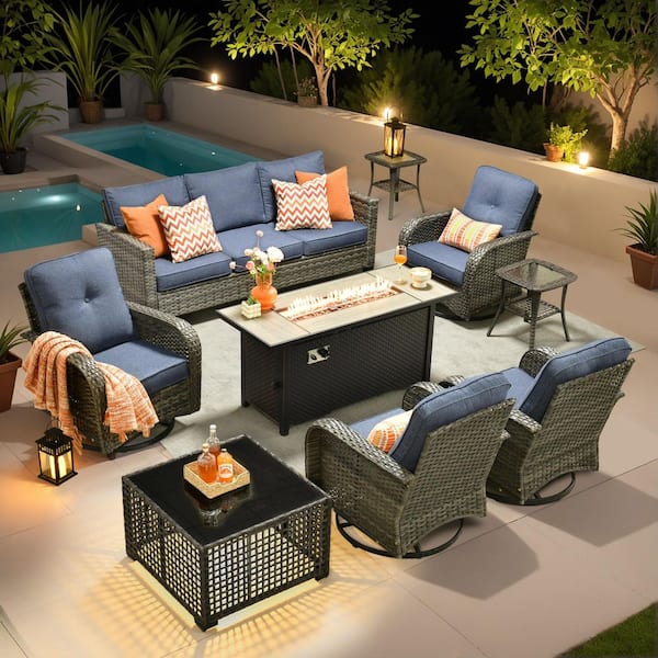 Lotus Gray 9-Piece Wicker Patio Fire Pit Conversation Sofa Set Swivel Rocking Chairs Coffee Table and Denim Blue Cushion