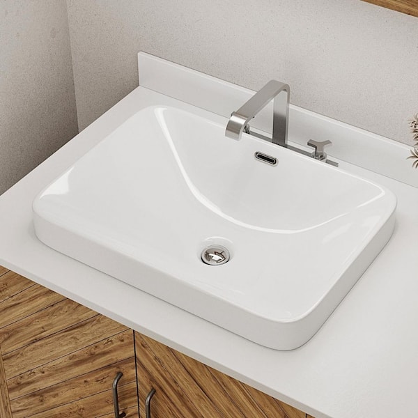 Los Flexi Rectangular Semi Recessed Bathroom Sink 20 in. x 14 in. White Ceramic Vessel Sink with Rear Overflow and Rounded Corners