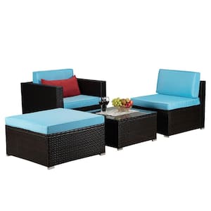 4-Piece Brown Wicker Patio Conversation Set with Blue Cushions