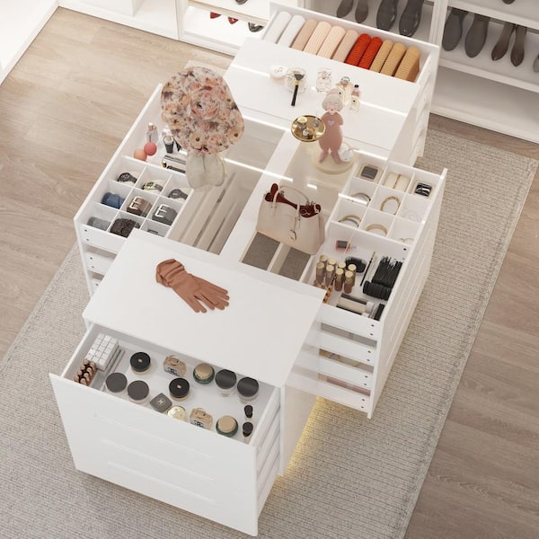 White Mirror Finished 16-Drawer 63 in. Width Large Bedroom Dresser, Chest of Drawers with Glass Top and 16 Drawers