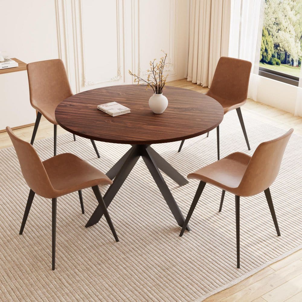 5-Piece Brown Chairs and Round Walnut Dining Table, Dining Table Set with Matching 4 PU Chairs