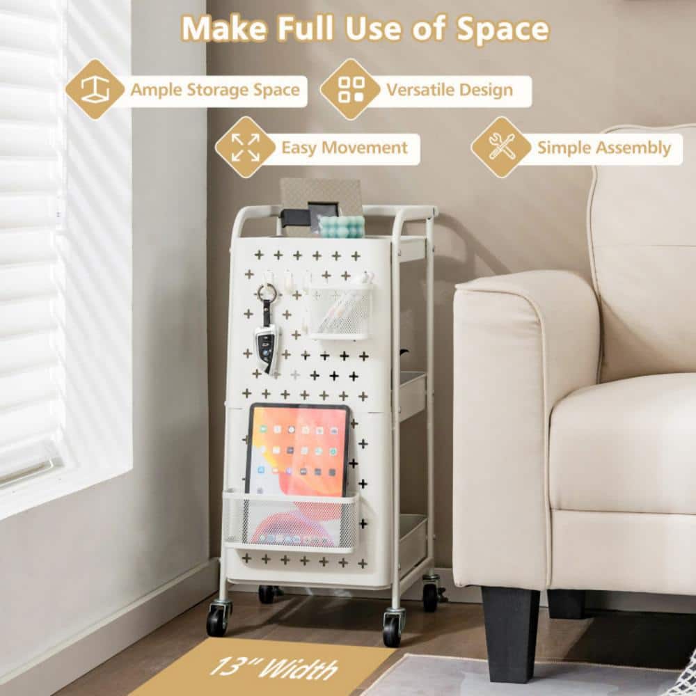 White Powder-Coated Carbon Steel 3-Tier Utility Storage Cart with Pegboard Baskets