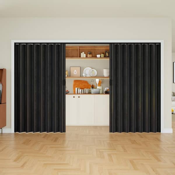 120 in. x 80 in. Black Woodgrain Vinyl PVC Accordion Door, Interior Folding Doors with Installation Hardware