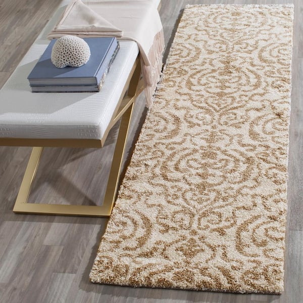 Florida Shag Cream/Beige 2 ft. x 9 ft. Floral Damask Runner Rug