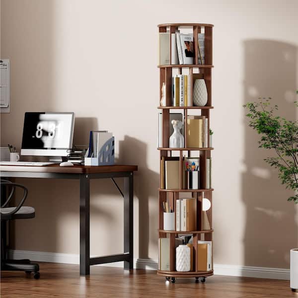 Saxon 78.35 in. Tall Walnut Solid Wood 6-Shelf Rotating Bookcase with Adjustable Shelves, Lockable Wheels