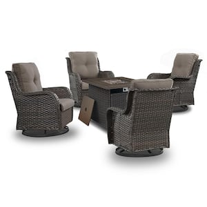 5 Piece Brown Wicker Patio Rocking Chairs for 4 with 30 Inch Gas Propane Fire Pit Table Outdoor Rocking Chair Sets Gray