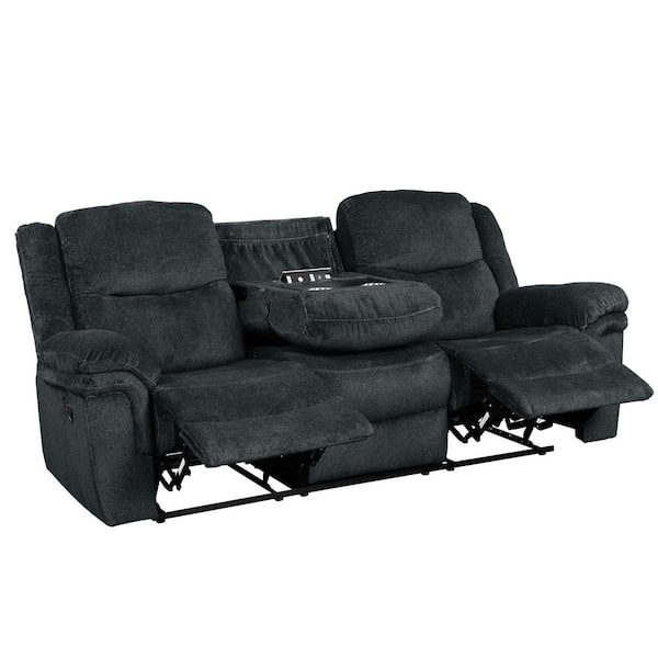 Merax 83.8 in. Square Arm Velvet Home Theater Rectangle Manual Reclining Sofa with Cup Holders, Charging Station in. Dark Blue