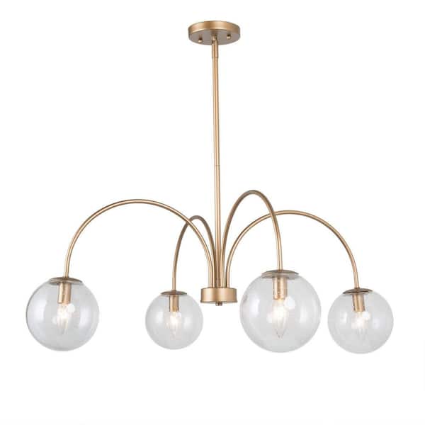 Modern 4-Light Gold Dining Room Chandelier, Sputnik Globe Island Bedroom Chandelier with Seeded Glass Shade