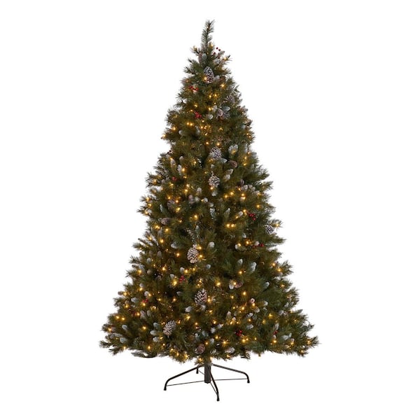 Noble House 7.5 Ft. Pre-Lit Mixed Spruce Hinged Artificial Christmas Tree With Clear Lights, Frosted Branches, Berries And Pinecones 54762