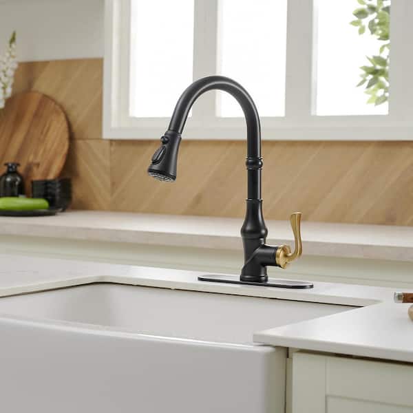 Single-Handle Pull-Down Sprayer 3 Spray High Arc Kitchen Faucet With Deck Plate in Matte Black & Gold