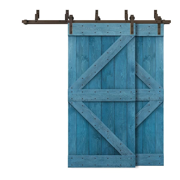 CALHOME 96 in. x 84 in. K Bypass Ocean Blue Stained DIY Solid Wood Interior Double Sliding Barn Door with Hardware Kit