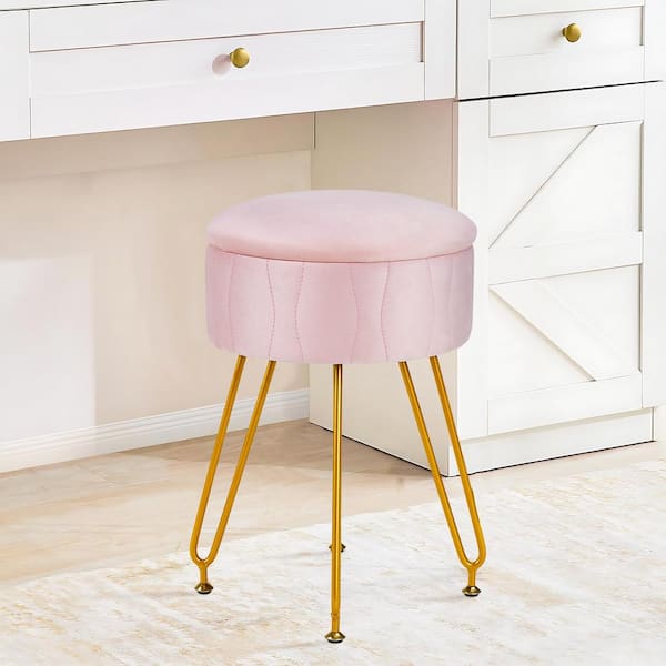 VECELO Vanity Stool with Storage, Pink Velvet Makeup Chair, Metal Legs, Anti-Slip Feet for Bedroom, Living Room, Entryway