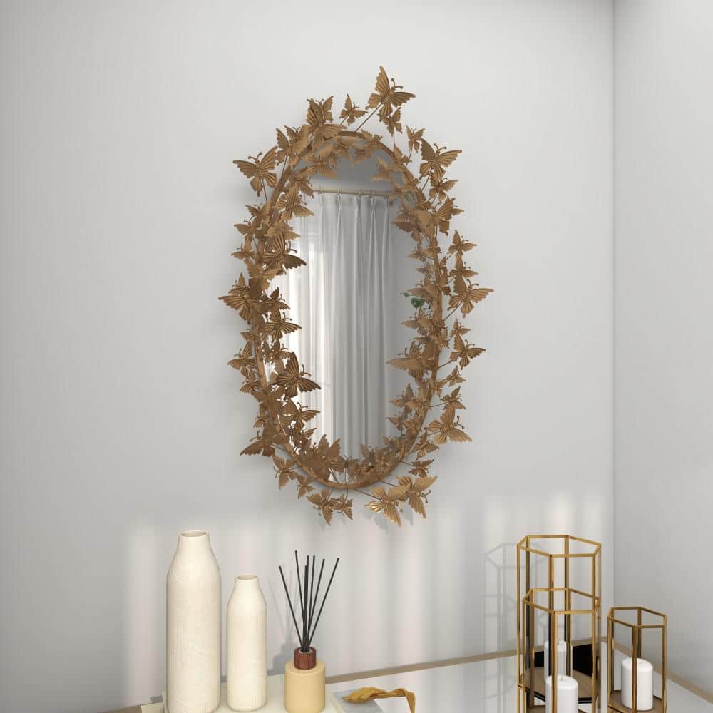 Gold Oval Wood Butterfly Wall Mirror, 19" x 33"
