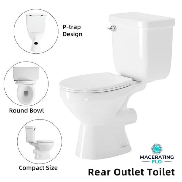 Compact Rear Outlet Toilet White 2-Piece 16.5 in. Round Bowl & 1.6 GPF Single Flush, 7" Rough-In, Two Extension Pipes