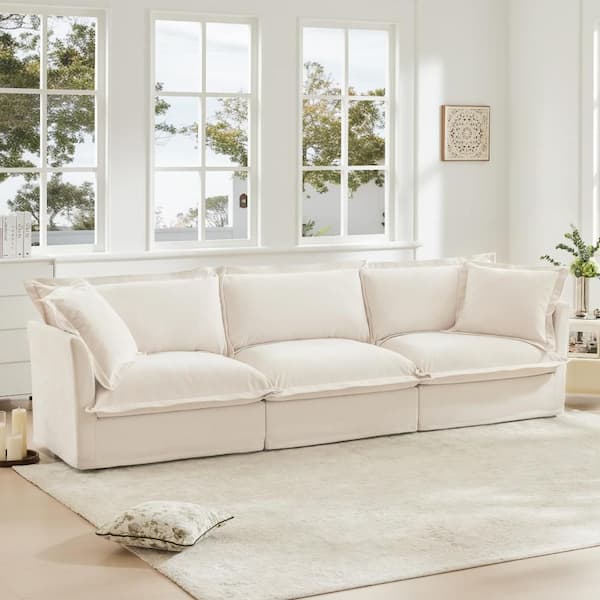 120 in Wide Straight Arm Chenille Rectangle Reclining Sofa with Soft Multiple Big Pillows in Cream