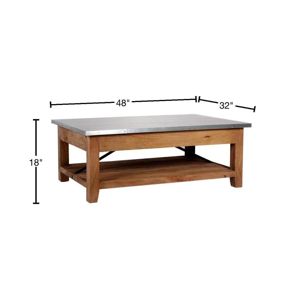 Industrial Rustic Wood and Zinc Metal Coffee Table with Shelf