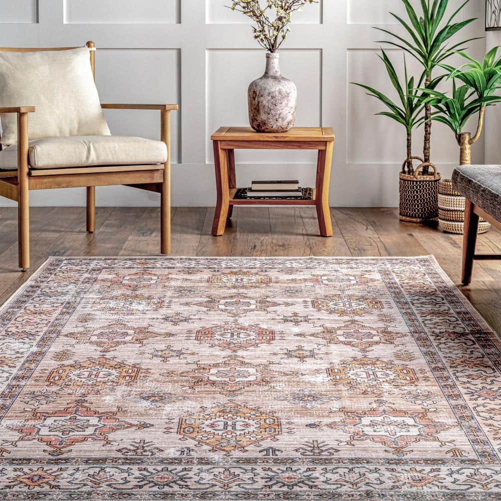 Finley Beige Round Machine Washable Synthetic Area Rug