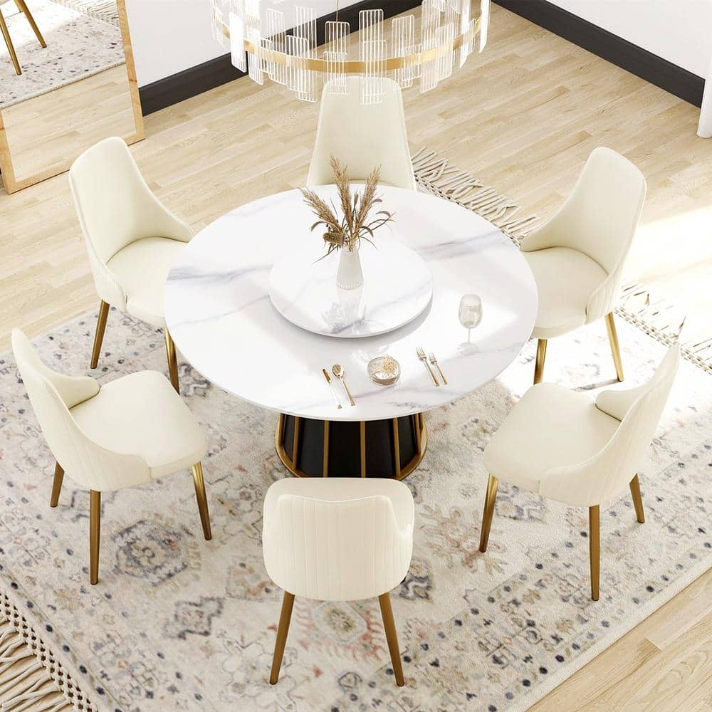 53.15 in. White Sintered Stone Round Rotable Tabletop with Lazy Susan Black Pedestal Base Kitchen Dining Table (Seats-6) -  Magic Home, MH-A-RD135WW-4B