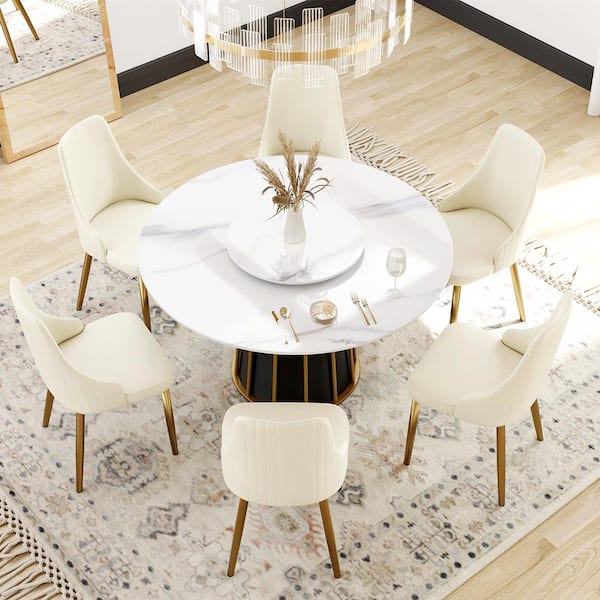 Magic Home 53.15 in. White Sintered Stone Round Rotable Tabletop with Lazy Susan Black Pedestal Base Kitchen Dining Table (Seats-6)