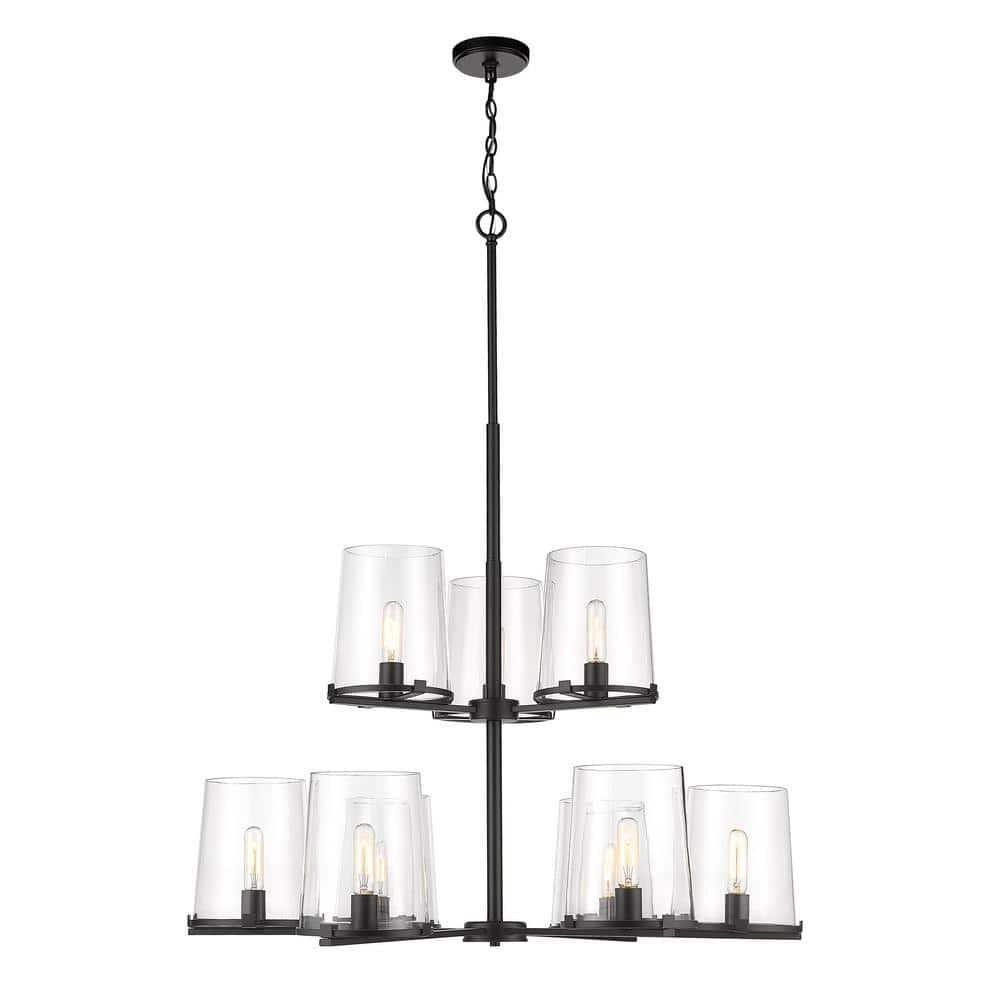 Callista Matte Black 38" Steel and Glass 9-Light Chandelier