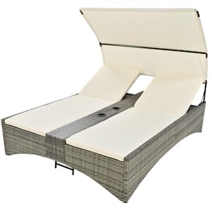 Metal Outdoor Day Bed with Cream Cushions, with Shelter Roof with Adjustable Backrest and Storage Box and 2 Cup Holders