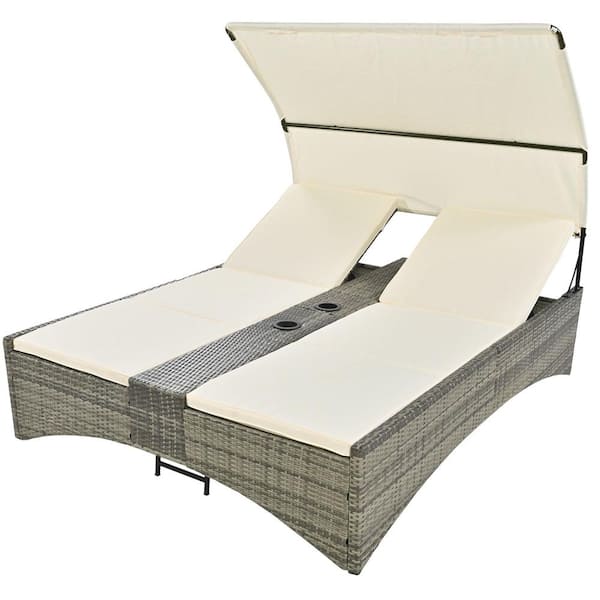 Unbranded Metal Outdoor Day Bed with Cream Cushions, with Shelter Roof with Adjustable Backrest and Storage Box and 2 Cup Holders
