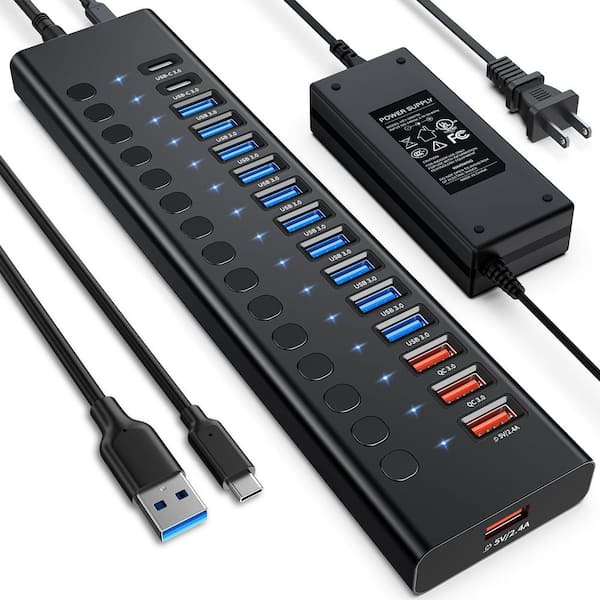 Lukyamzn 16-Port USB 3.0 Hub Splitter with Individual Switches and 90 W Power Adapter for Laptop Mac PC Computer