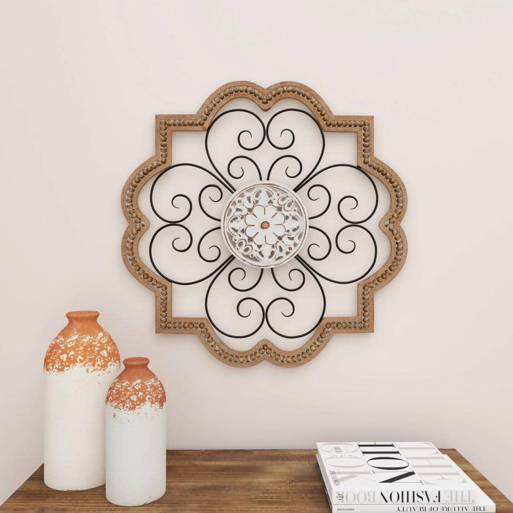 Brown and White Wooden Floral Scroll Wall Sculpture with Metal Accents