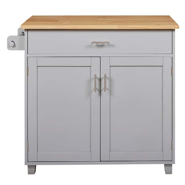Boosicavelly Grey Rubber Wood MDF Kitchen Cart with Cabinet Door Internal Storage Racks and Locking Wheels