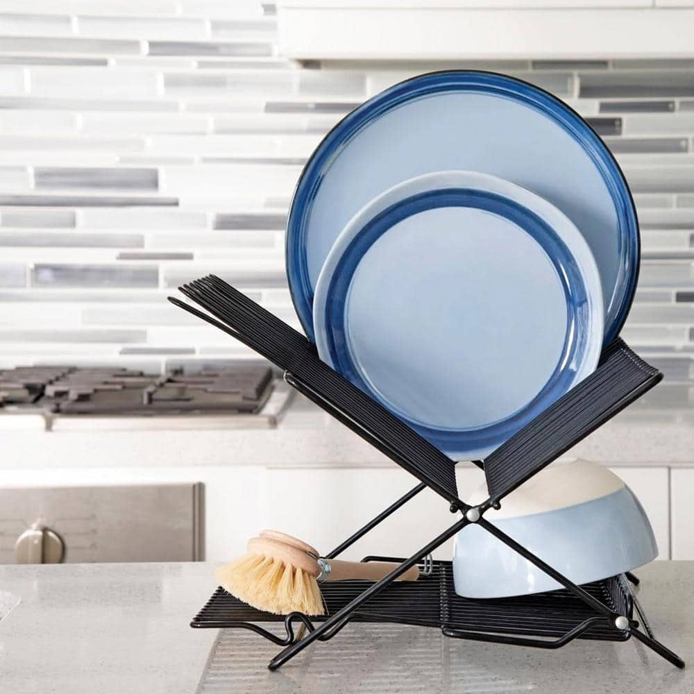 Black Metal Foldable Dish Rack with Utensil Cup