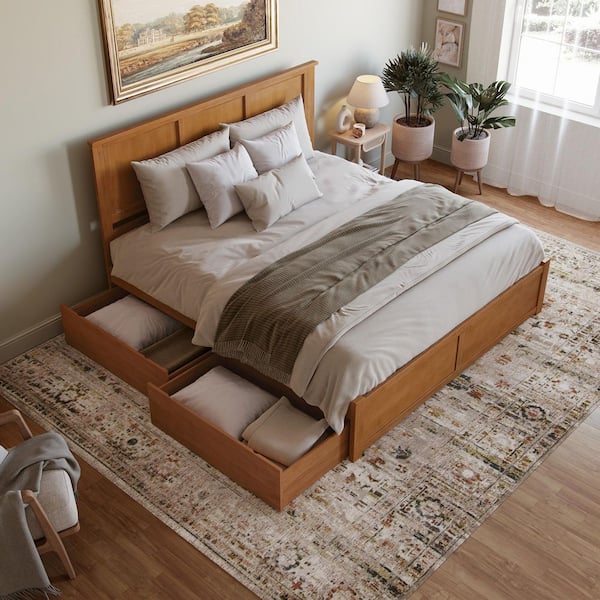 Madison Light Toffee Natural Bronze Solid Wood Frame King Platform Bed with Footboard and Storage Drawers