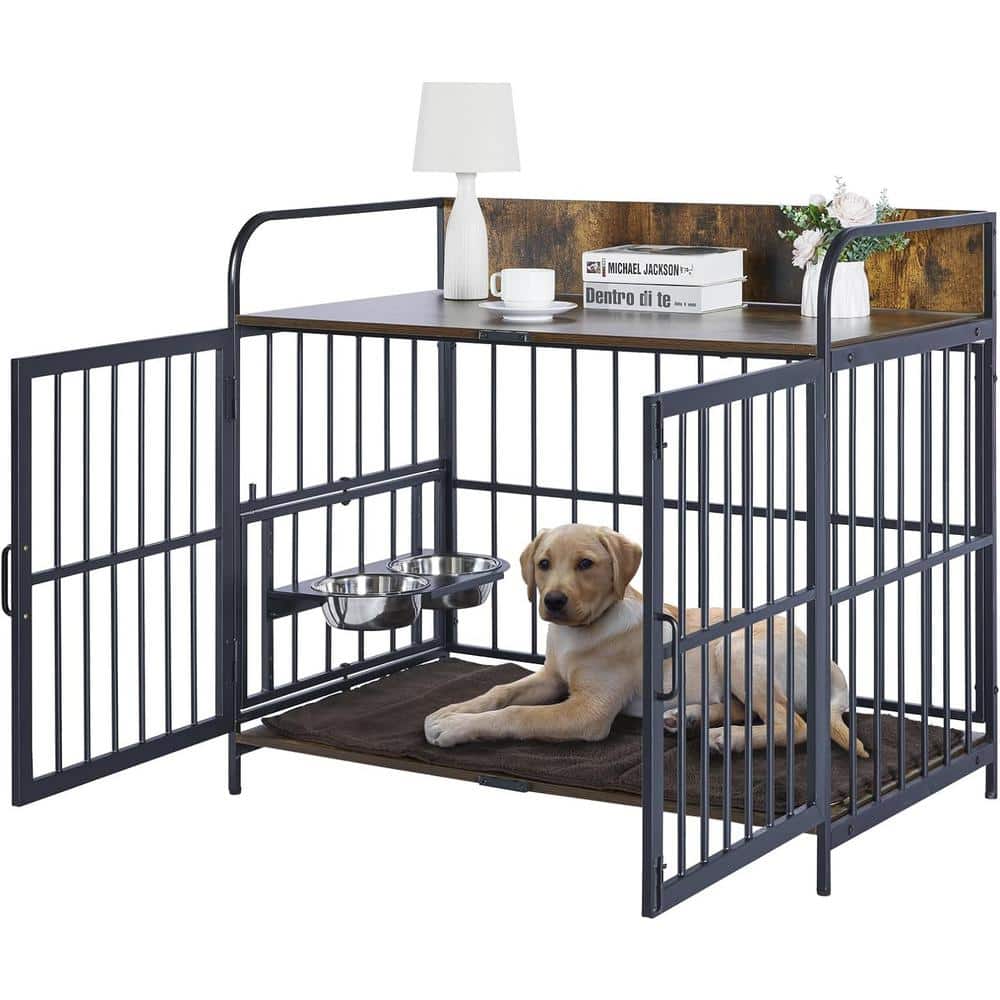 HOMLUX 41 in. L x 24 in. W x 36 in. H Furniture Style Dog Crate  w/360-Degree Swivel & Height Adjustable Eating Rack and Dog Pad 8CCD004BCC  - The Home Depot
