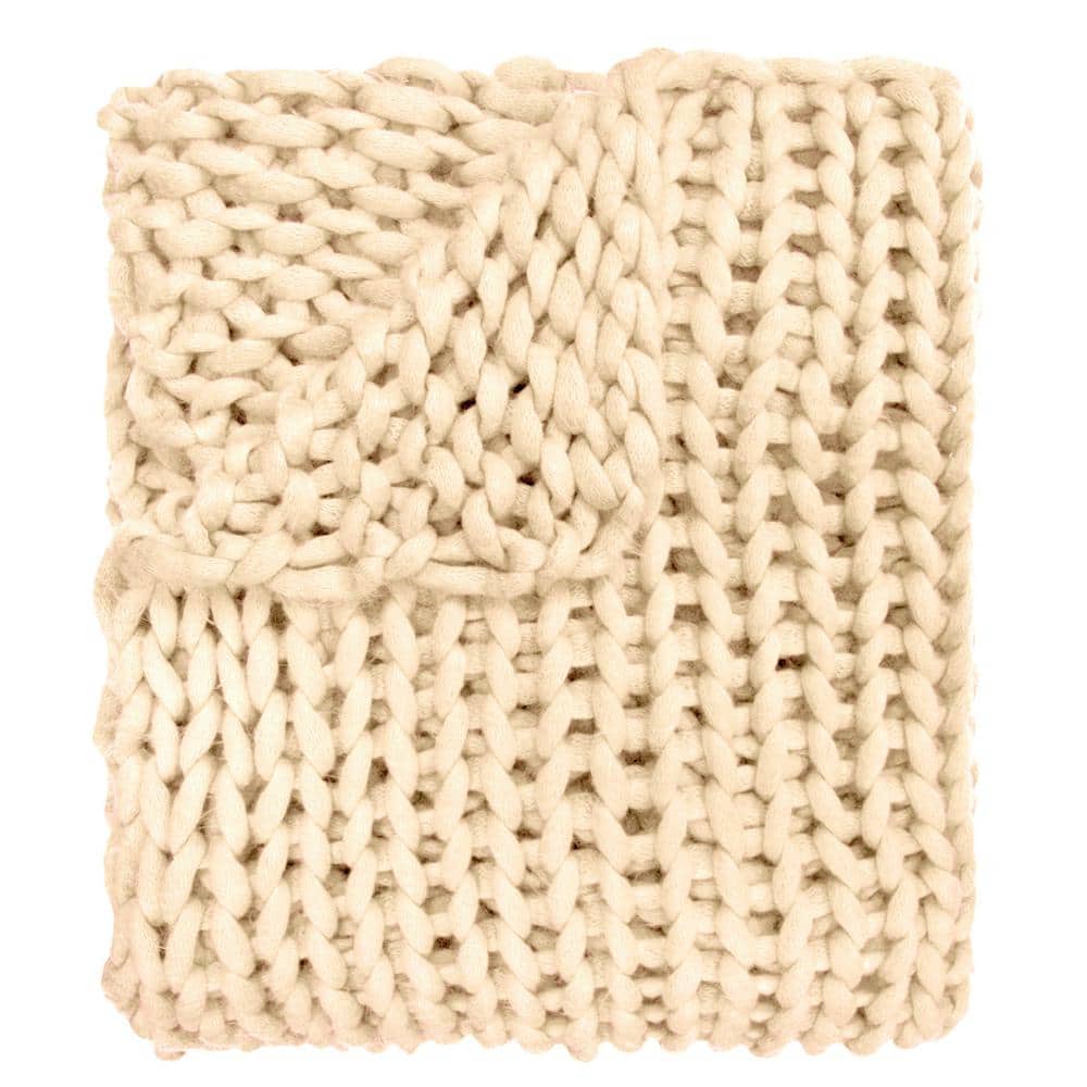 Luxurious Chunky Knit Wool Throw in Off-White, 50" x 40"