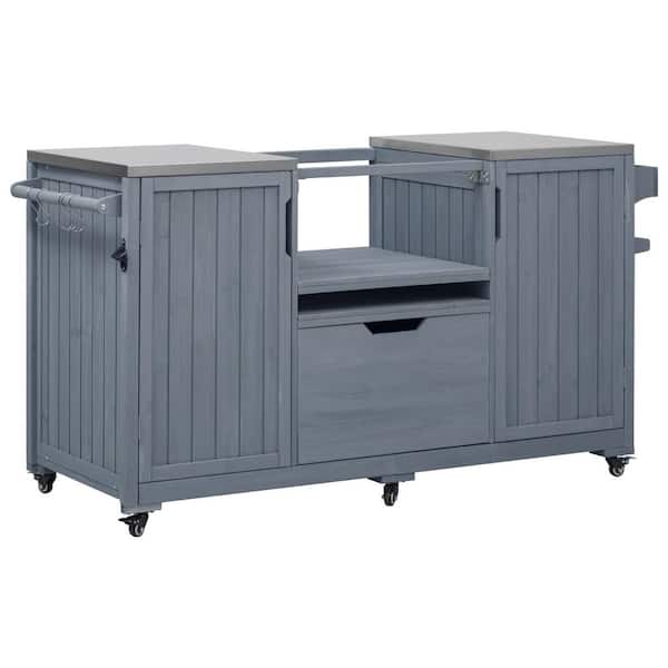 Wood 23 in. W x 66.5 in. L x 34.3 in. H Outdoor Kitchen Cabinet in Grey Blue with Stainless Steel Top and 6 Wheels