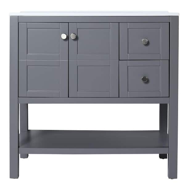 MYCASS GEL 36 in. W x 18 in. D x 35 in. H Freestanding Open Style Shelf Bath Vanity in Rock Grey with White Resin Basin Top