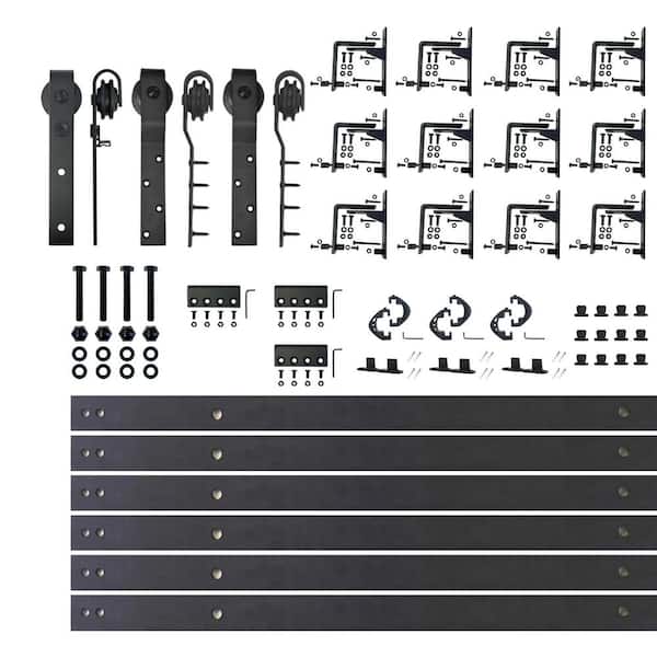 16 ft./192 in. Black Rustic Inverted Bent Triple Track Bypass Sliding Barn Door Track and Hardware Kit for Triple Doors