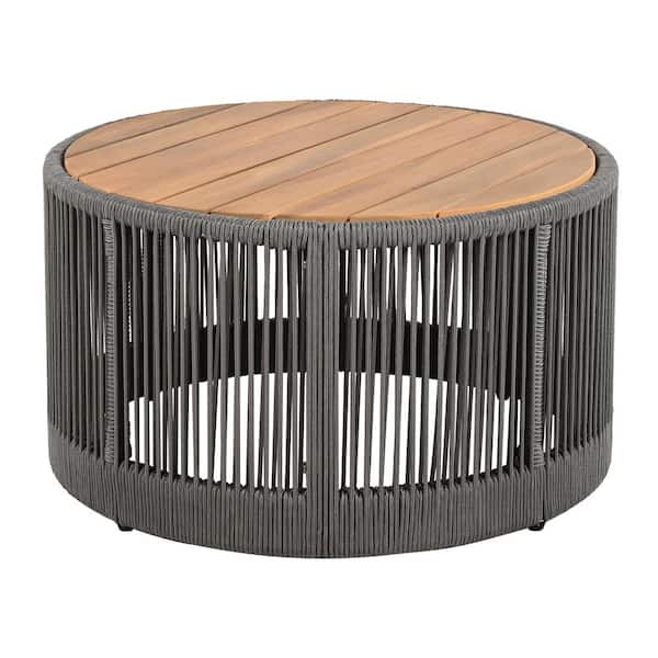 Gray Rattan Rope Frame & Acacia Wood Top Patio Outdoor Coffee Table for Garden, Yard, Balcony