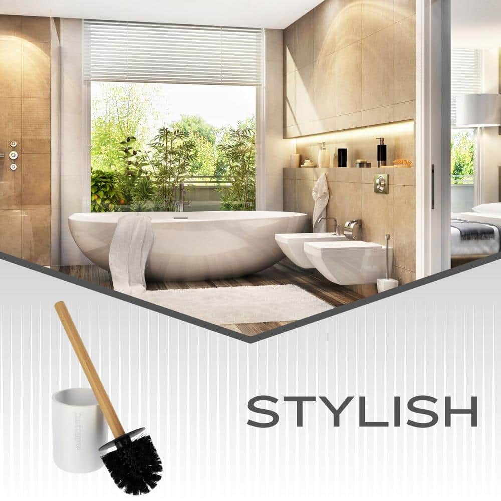White Polyresin Toilet Brush Set with Bamboo Handle