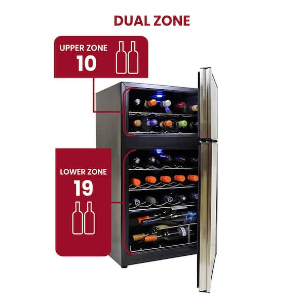 Koolatron 29 Bottle Dual Zone Wine Cooler, Black, 3 cu ft (86L) Compressor  Wine Fridge, Freestanding Wine Cellar, Red, White, Sparkling Wine Storage