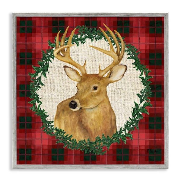 Stupell Industries Deer on Plaid and Wreath by Paul Brent Gray Framed Animal Giclee Art Print 24 in. x 24 in.