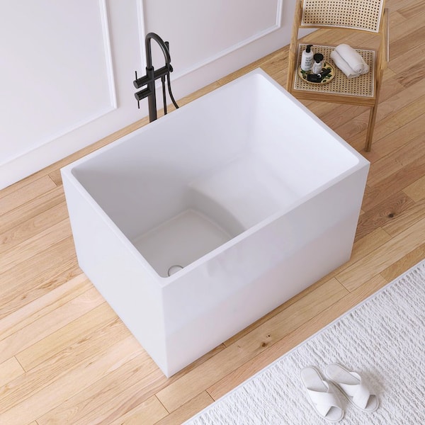 39 in. x 27.5 in. Acrylic Flatbottom Freestanding Japanese Soaking Bathtub in White with Seat