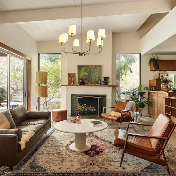 Modern Farmhouse 31 in. 8-Light Antique Plated Brass Linear Chandelier, Sputnik Chandelier with White Cone Fabric Shades