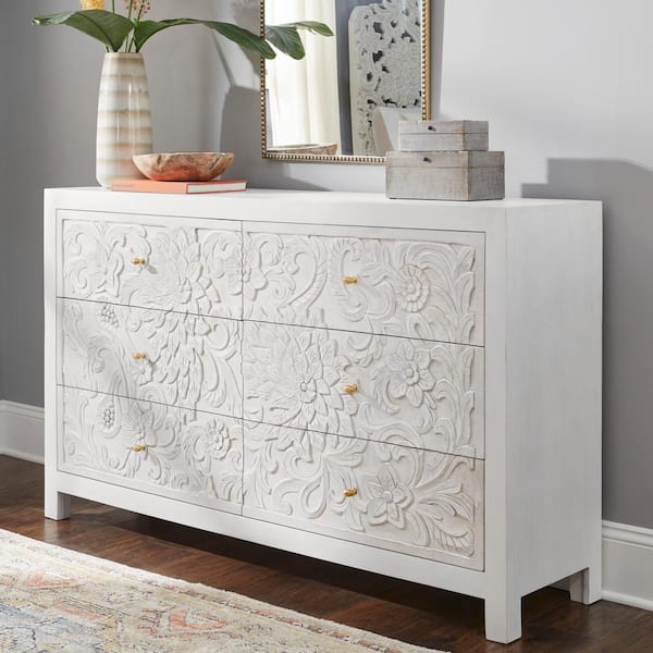 6 Drawer Whitewash Dresser, Hand Carved Dresser White